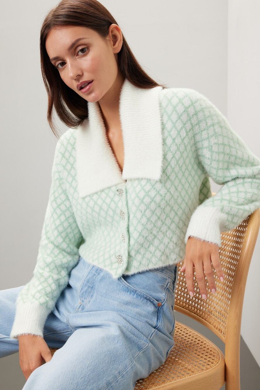 Louna Mint White Diamond Knit Collared Button Front Long Sleeve Cardigan Sweater
